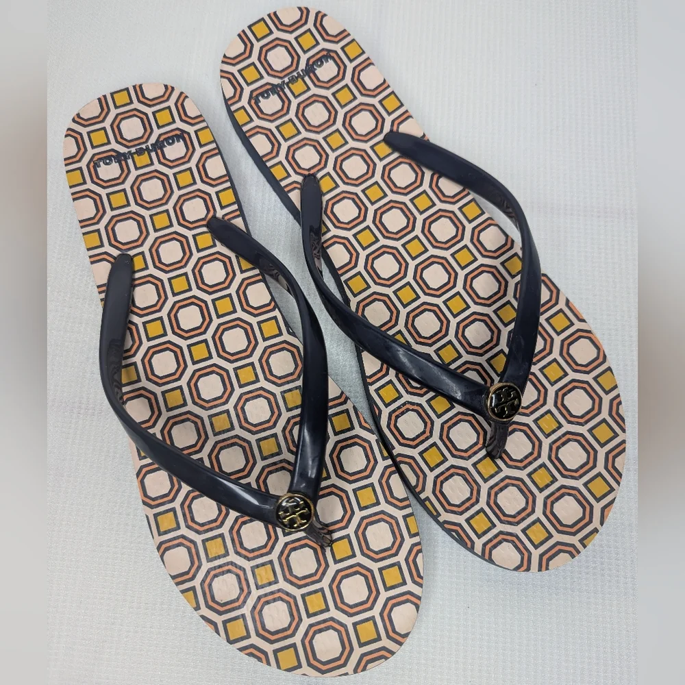 Tory Burch Geometric Multicolor Gold Logo Thong Sandals Flip Flops Women's 10